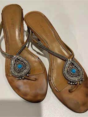 Nine West Brown Leather Sandals with Turquoise Accent